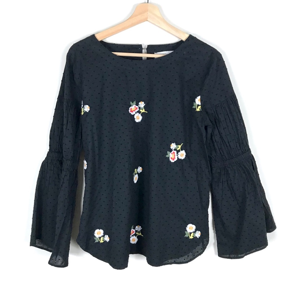 LOFT Floral Embroidered Black Long Sleeve Blouse